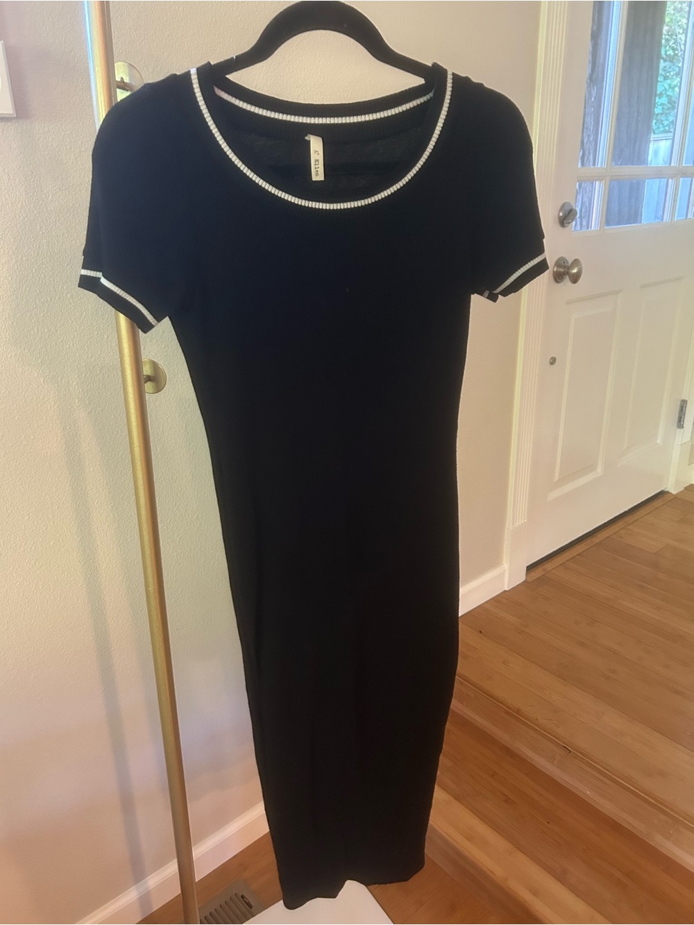 A+ Ellen Black Midi Dress White Contrast Trim Short Sleeve Classic Chic